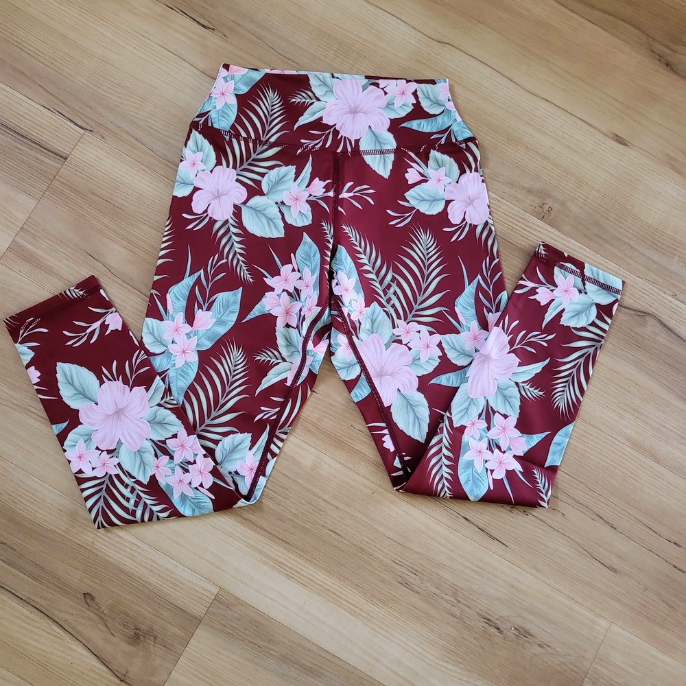 Kavala Collective: Floral Maroon Leggings - Pink Hibiscus Print